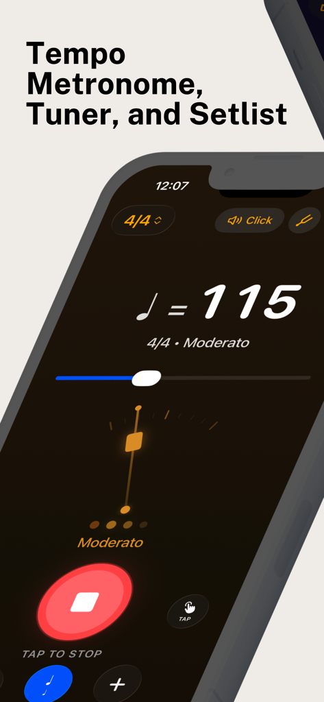 Oberfläche der Metronom- und Stimmgerät-App auf einem Smartphone, die 115 BPM mit moderatem Tempo und einer Tap-to-Stop-Taste anzeigt