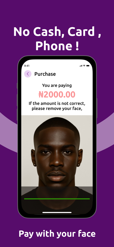 FaceCard app screen showing facial recognition scanning for a contactless purchase without a phone or card