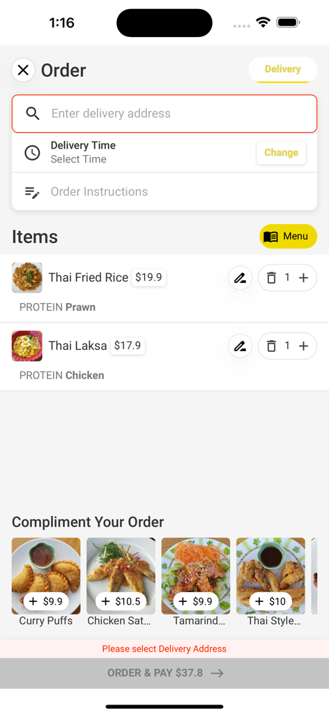 Online Ordering Wrapper - Interfaccia che mostra un riepilogo dell'ordine di consegna del cibo con piatti tailandesi nell'app Online Ordering Wrapper