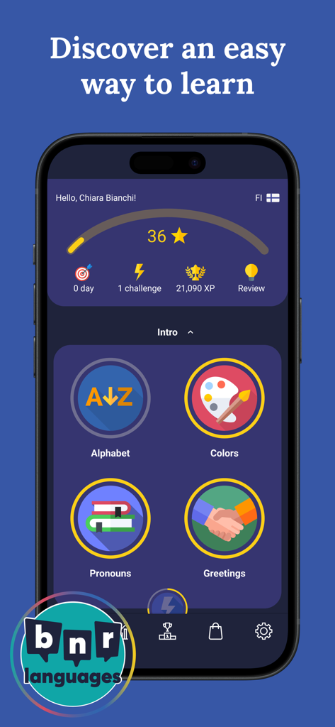 Interface d'une application mobile pour apprendre le finnois montrant des modules d'introduction comme l'alphabet, les couleurs et les salutations