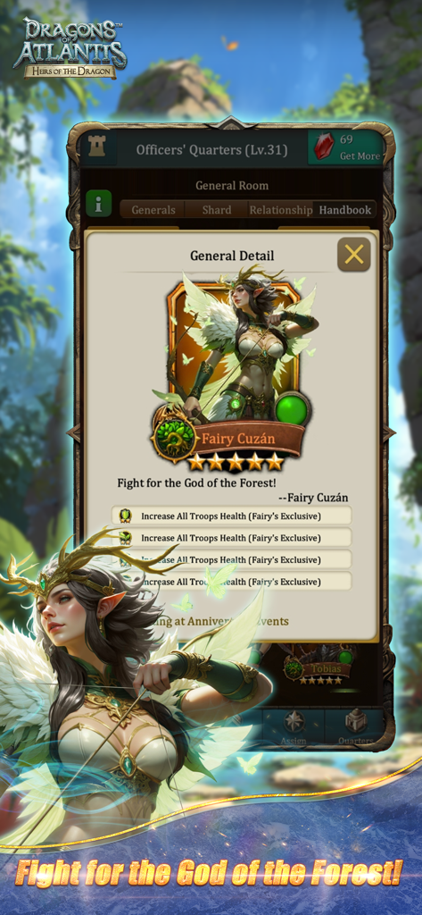 Pantalla de detalle del personaje de Dragons of Atlantis para Fairy Cuzan