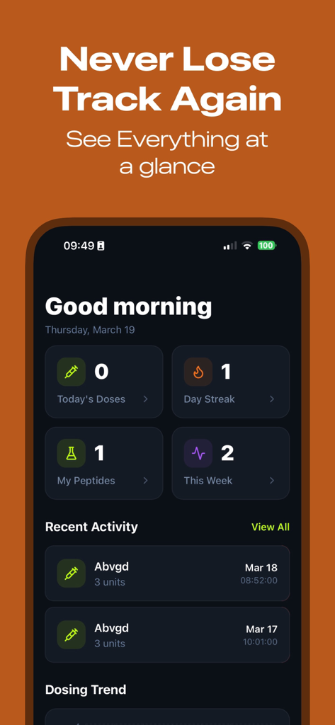 Peptide-Tracker - Dashboard view of the Peptide Tracker app showing daily dose summary and activity log