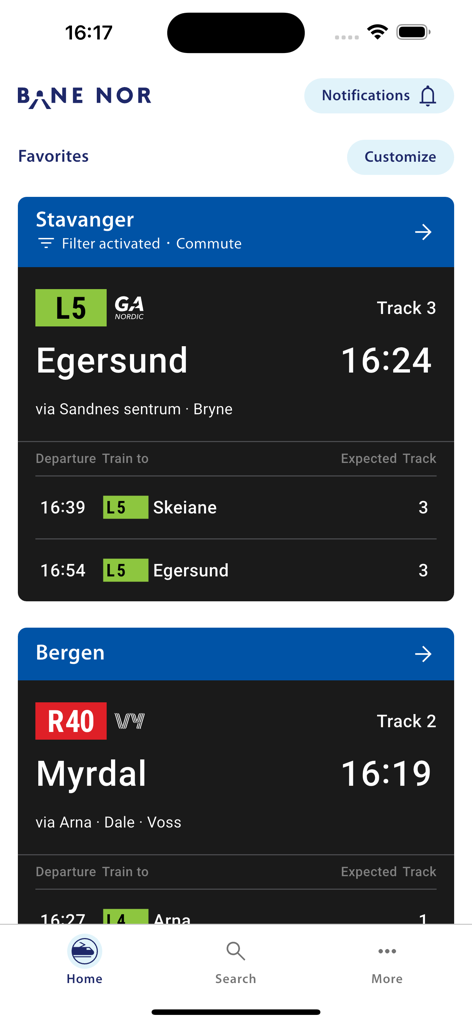 NÅ - The NA app interface showing real-time train departures for Stavanger and Bergen with track information