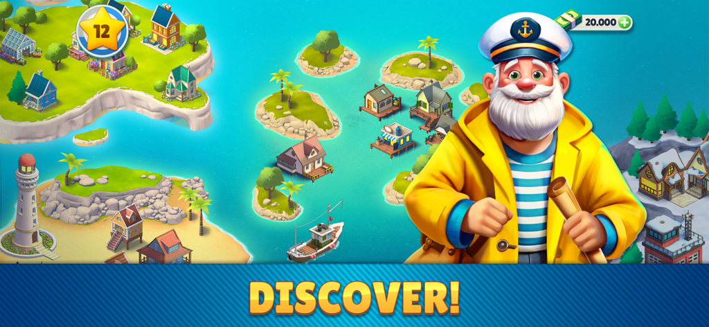 Cozy Town: City Building Game - Sea captain character and tropical islands in Cozy Town city building game