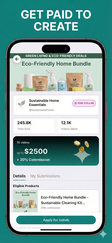 Euka Creator 앱 인터페이스에 수수료 세부 정보가 포함된 친환경 홈 번들 캠페인 유료 브랜드 협업 표시됨.