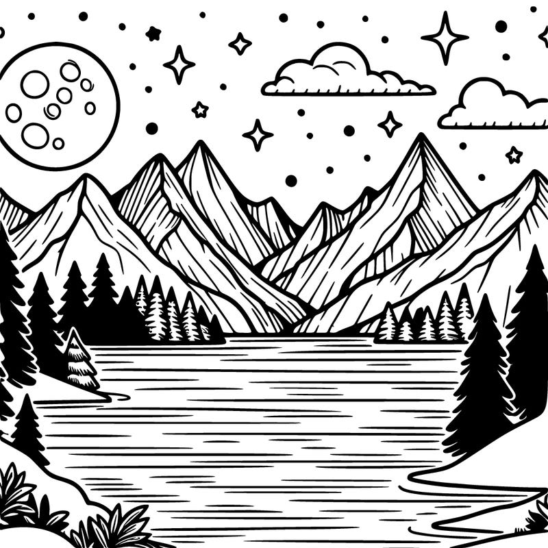 mountains over lake with moon realistic