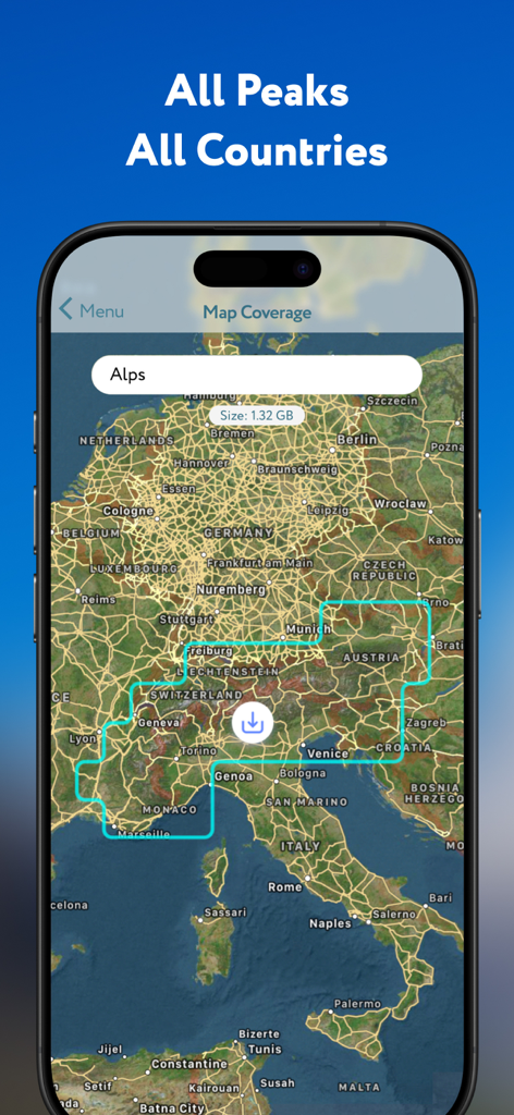 PeakVisor-App-Bildschirm mit einer Karte der Alpen und einer Download-Option für Offline-Bergdaten.