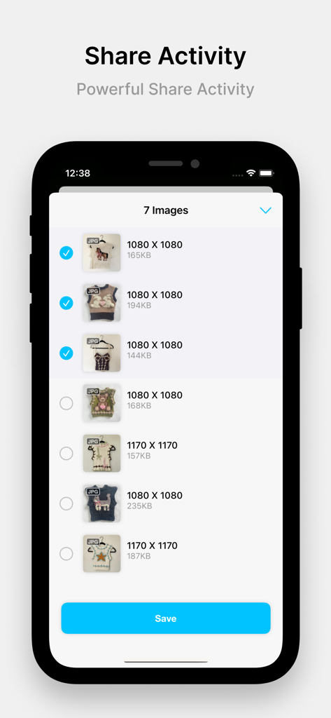 Scrapbook - Image Collection - Oberfläche der Scrapbook-App, die die Share-Activity-Funktion mit einer Liste von ausgewählten Bildern zum Speichern zeigt.
