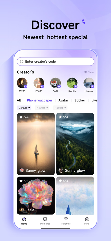 Interface of the Gpic 8K Live Wallpaper app showing the Discover screen with high-resolution nature and art wallpapers and a search bar for creators.