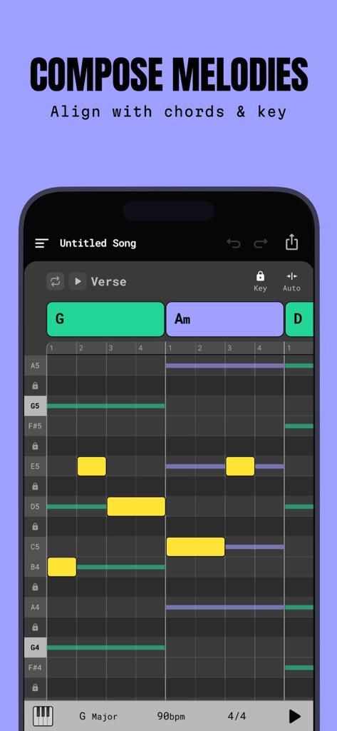 ChordButter: Easy Songwriting - ChordButter app interface showing a piano roll for composing melodies aligned with G Major and A Minor chords.