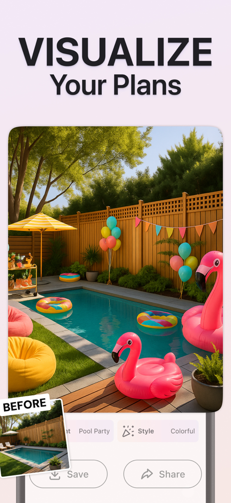 AI Party Design: Event Planner - AI生成のプールパーティーデコレーションビジュアル、フラミンゴフロートとカラフルな風船をフィーチャー