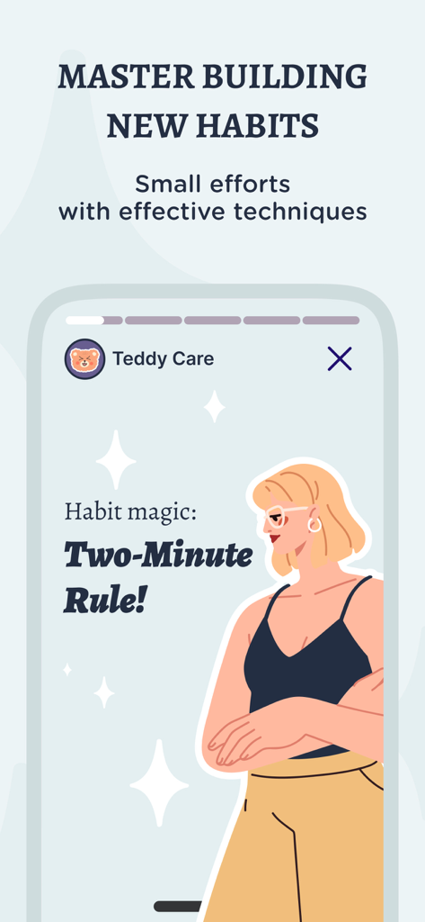 TeddyCare app screen explaining the two minute rule for mastering new habits with a stylized female illustration.