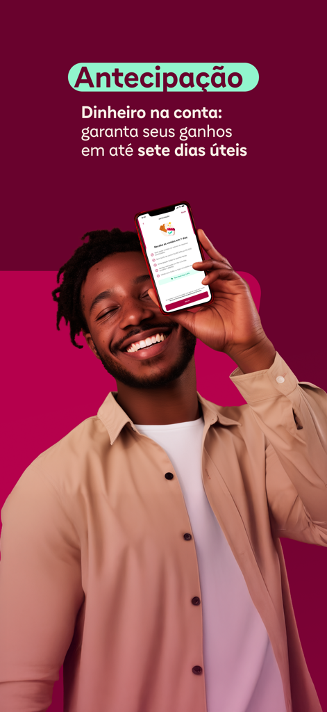 iFood Pago - Smiling restaurant owner holding a smartphone showing the iFood Pago sales anticipation screen