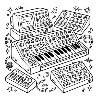 Spark your child's creativity with this exciting coloring page featuring a vibrant array of synthesizers and electronic music gear. Perfect for young music lovers to bring to life with their favorite colors.