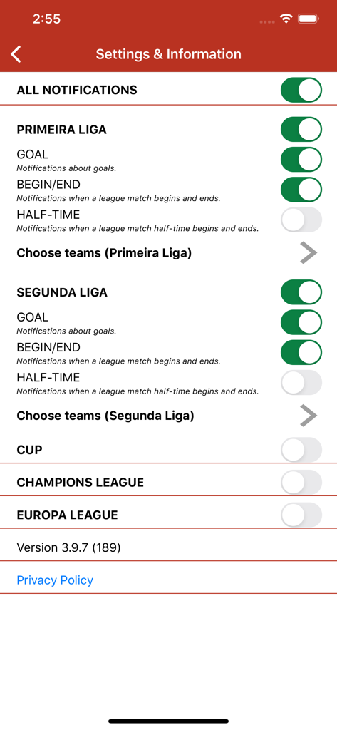 Football Portugal - ポルトガル・フットボールアプリの通知設定メニュー、プリメイラ・リーガとセグンダ・リーガのアラートのトグルを表示
