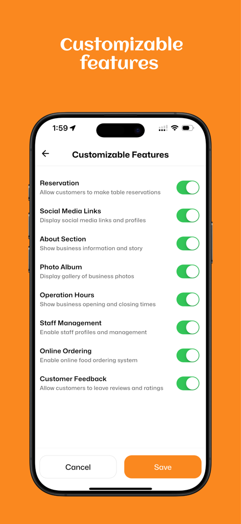 Uma tela de smartphone exibindo os recursos personalizáveis do aplicativo eMenu AI para gerentes de restaurante, incluindo pedidos online e alternâncias de gerenciamento de equipe.