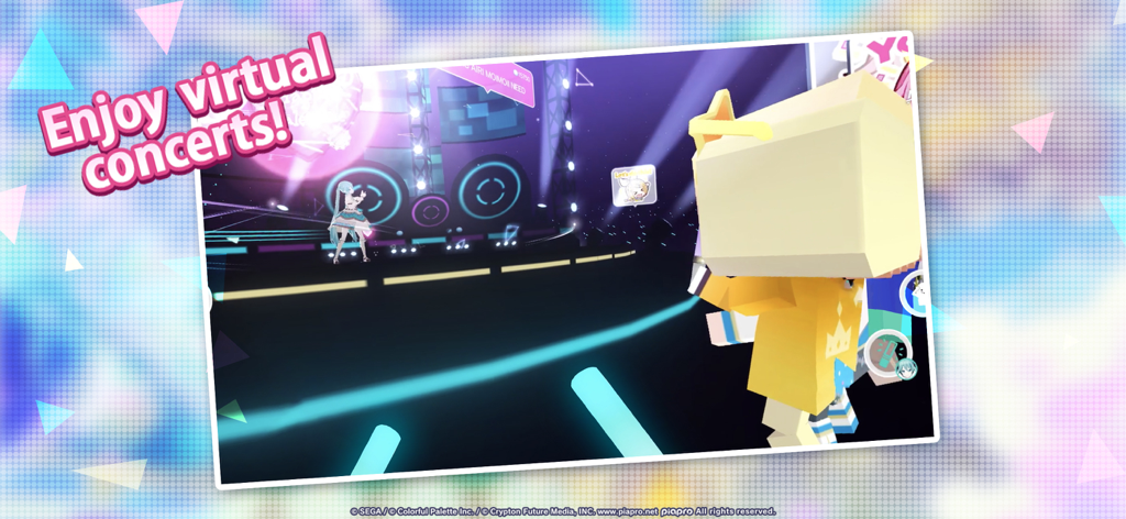 Hatsune Miku performing in a virtual concert with a player avatar in the foreground
