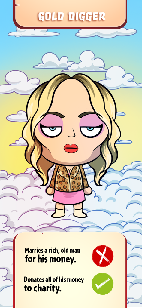 A cartoon character labeled gold digger being judged for her actions in the Judgment Day game
