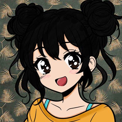 teenage anime petite girl with hair styled into two messy buns catlike eyes and a perpetual smile often accompanied by a sleight blush