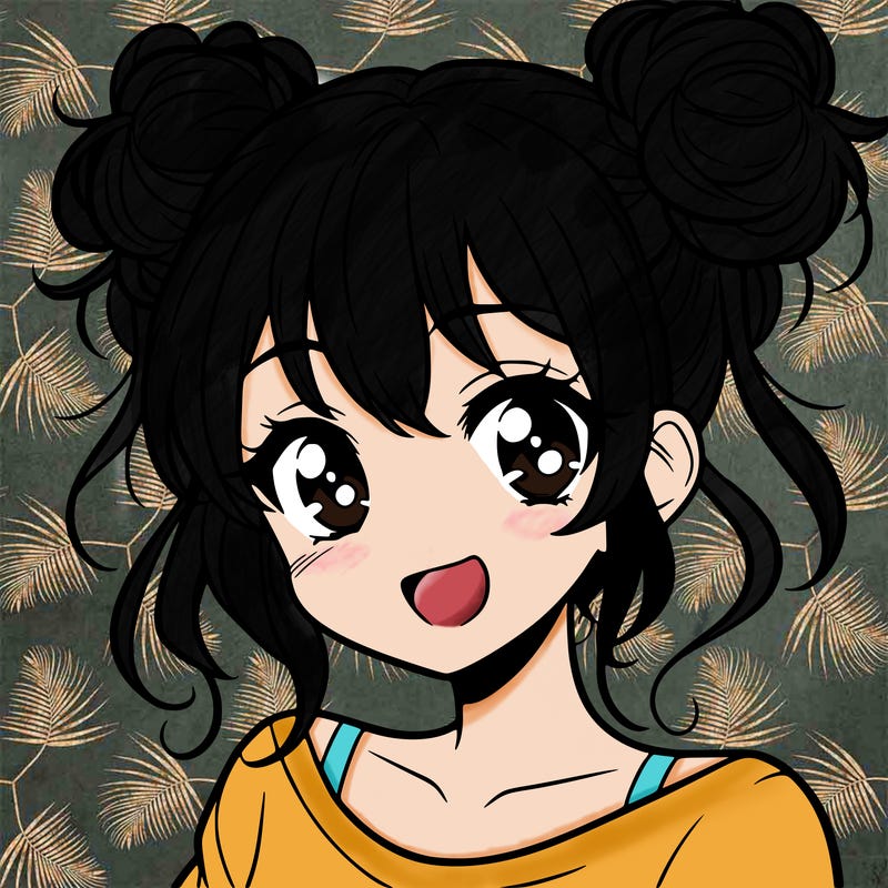 teenage anime petite girl with hair styled into two messy buns catlike eyes and a perpetual smile often accompanied by a sleight blush