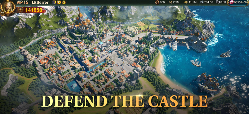 Aerial view of a sprawling fantasy castle city on a coastline with ships in the sea