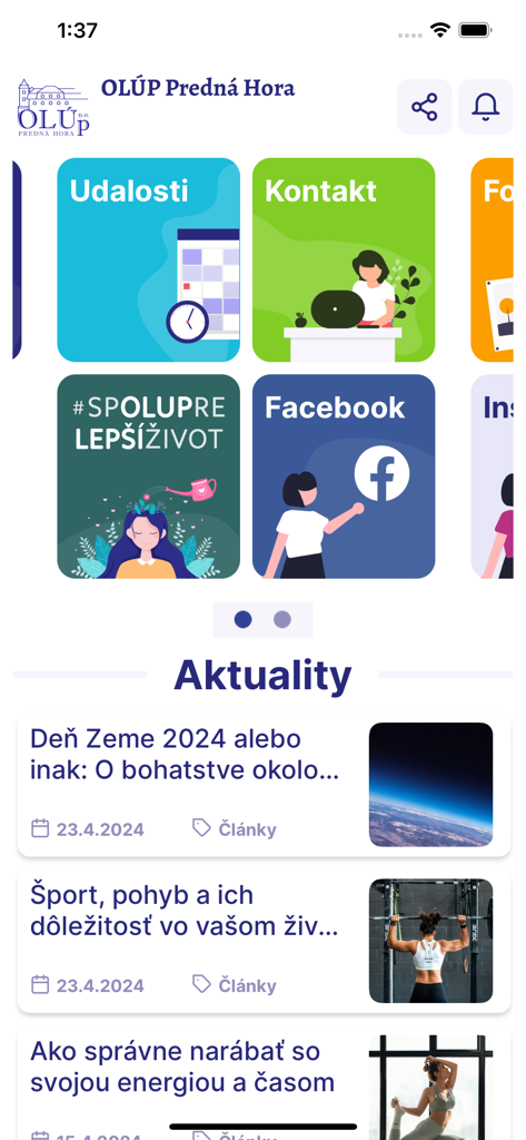 Home screen of the OLUP Predna Hora mobile app displaying news and menu tiles.