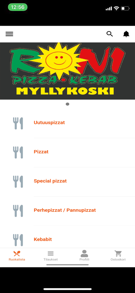 Roni Pizzeria Myllykoski - Roni Pizzeria Myllykoski 앱 메뉴에 피자와 케밥 같은 음식 카테고리가 표시됨