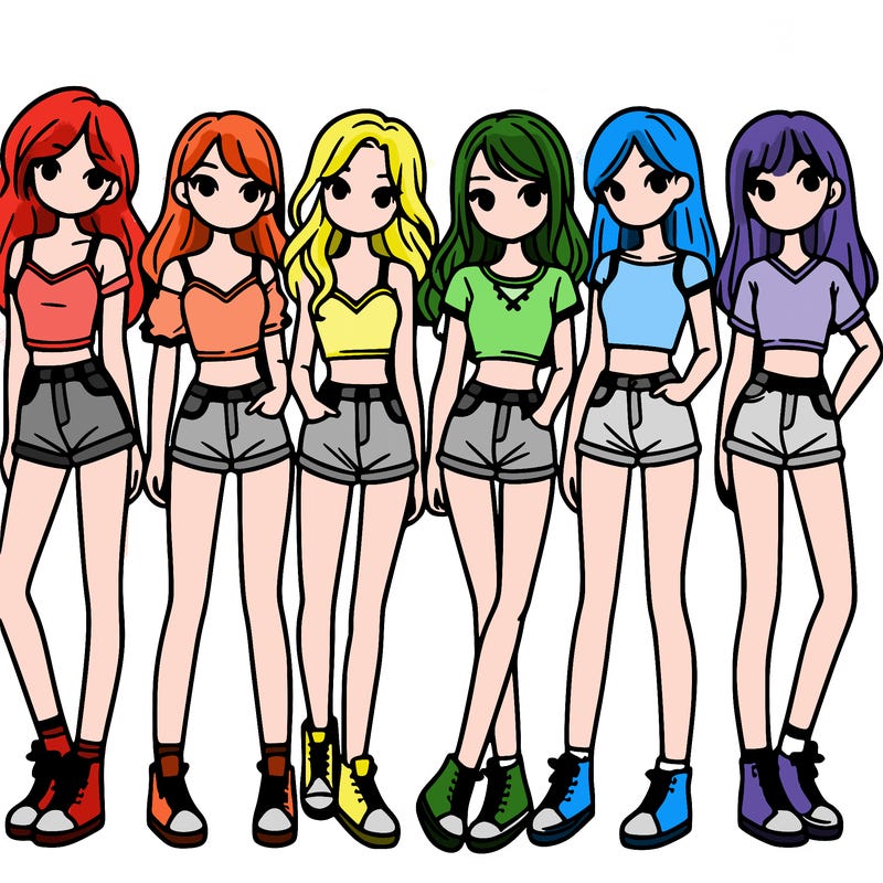 a group of girls wearing crop tops and shorts
