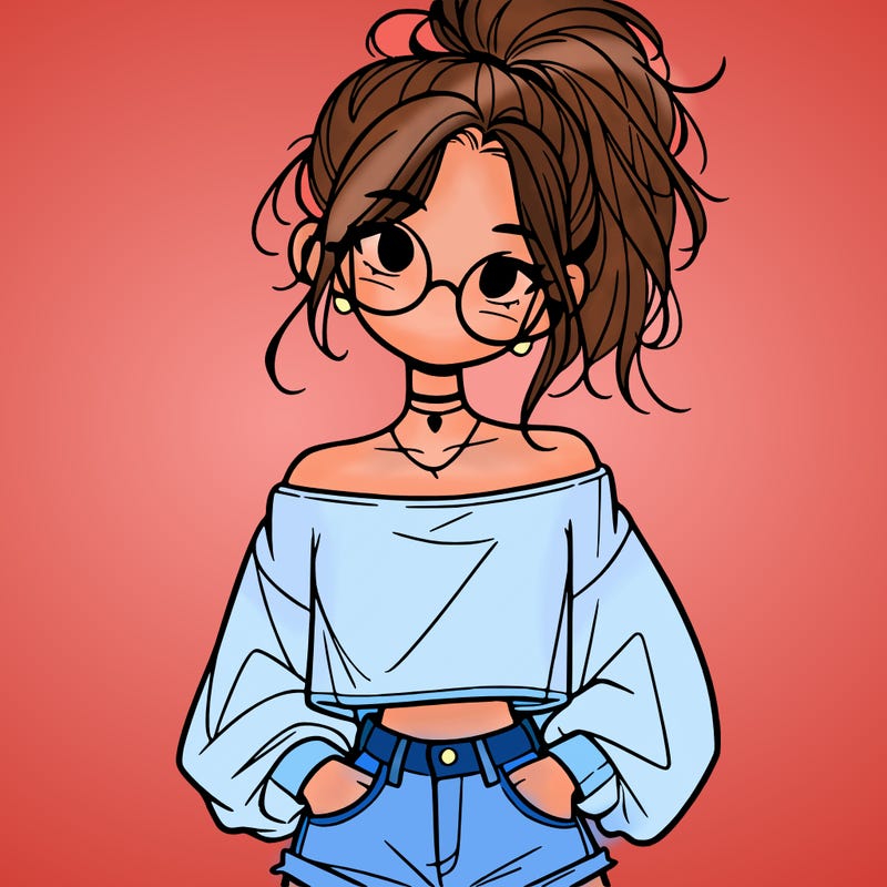 girl with a messy ponytail glasses a baggy crop top and jean shorts