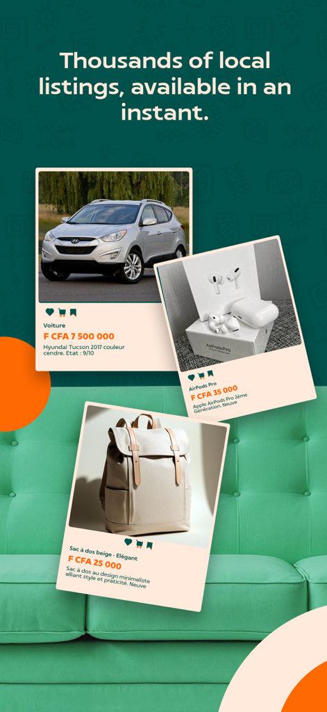 Jumli - Buy. Sell. Simple. - Jumli marketplace app showing classified ads for a car, airpods, and a backpack with the text thousands of local listings available in an instant