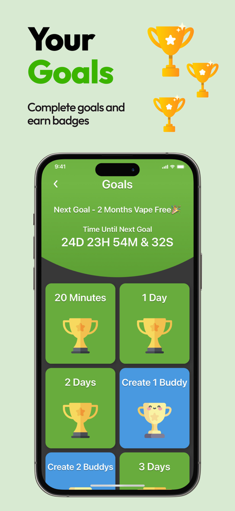 Quit Vaping - Ecrã de uma app móvel exibindo metas de parar de vapear e emblemas ganhos por marcos de saúde.