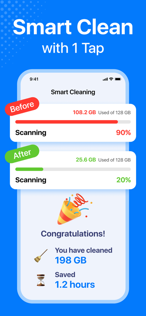 Cleaner: Phone Cleaning App - Interface showing storage space before and after smart cleaning on an iPhone
