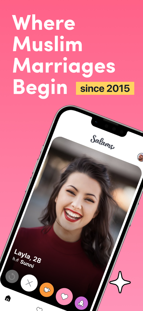 Salams App-Oberfläche, die das Profil einer sunnitischen Frau für eine halal-Ehe mit Wisch-Buttons zeigt
