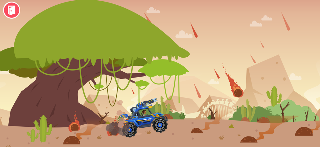 Dinosaur Games for kids 2-6 - Un camion de sauvetage bleu traversant un paysage préhistorique lors d'une pluie de météores