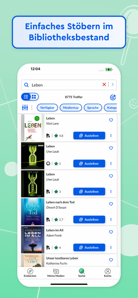 Onleihe 3 - Une interface d'application mobile montrant une liste de résultats de recherche allemands pour les livres et les livres audio avec des options d'emprunt et de filtrage par disponibilité.