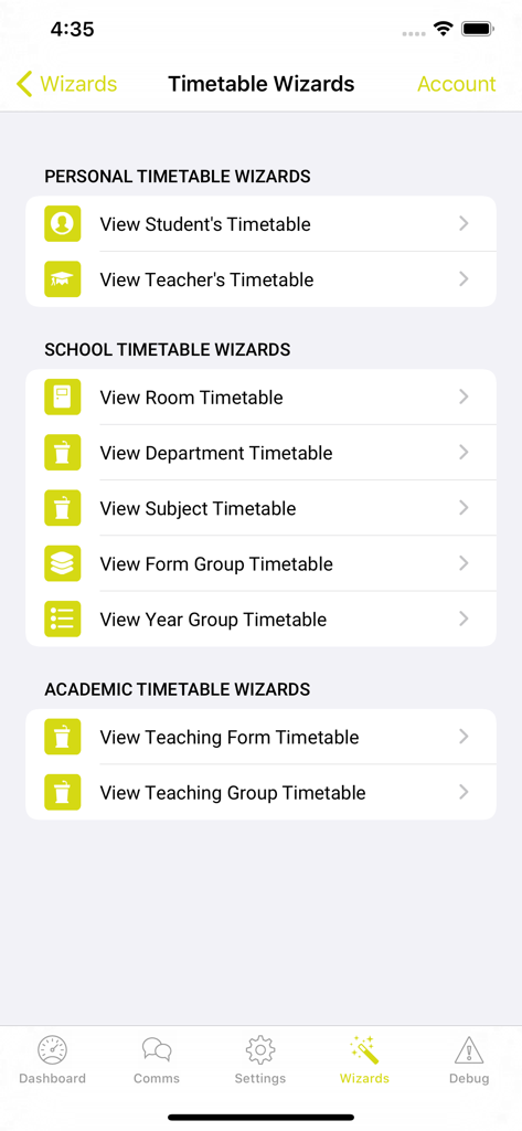 iTeacher App - Interface of the iTeacher App showing the Timetable Wizards screen with options to view student teacher and school schedules