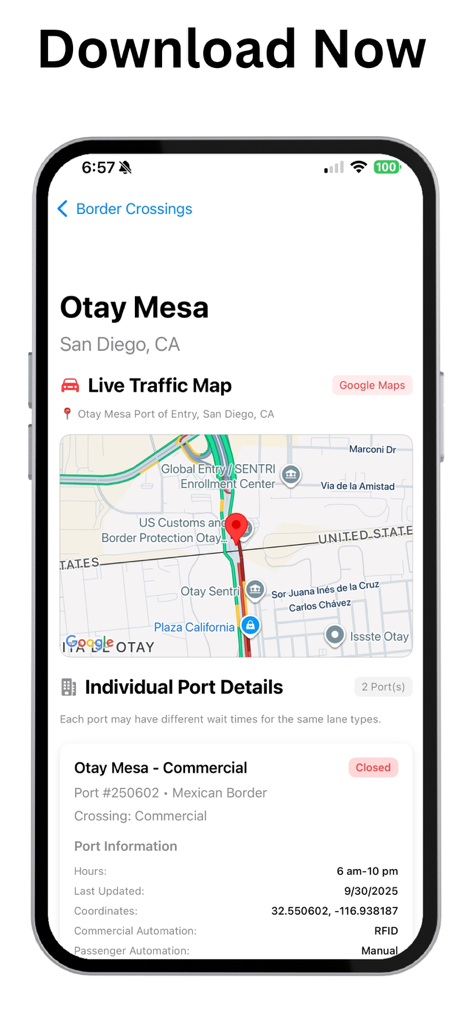 Border Wait Times - CBP - Smartphone screen showing a live traffic map and detailed port information for Otay Mesa border crossing.