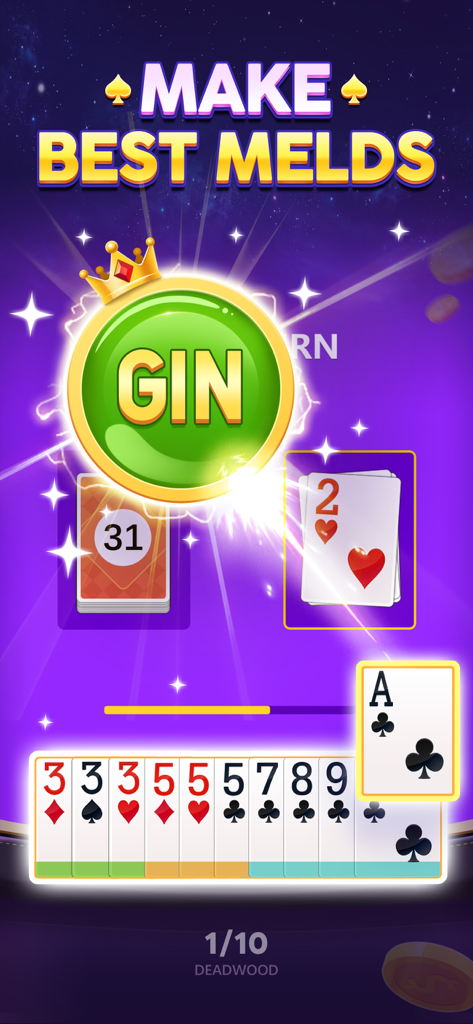 Gin Rummy Cash - A Gin Rummy Cash game screen showing card melds and a GIN winning celebration button