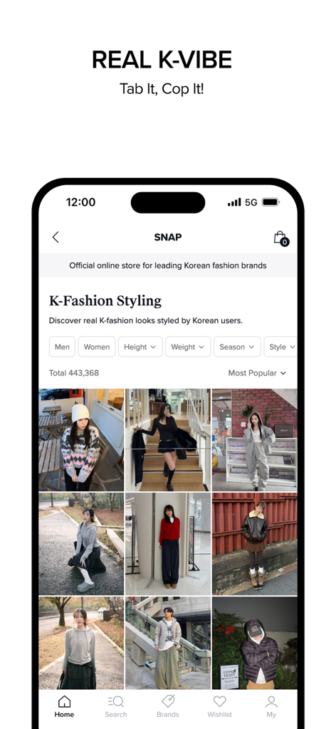 MUSINSA app screen showing K-Fashion styling looks from real users.