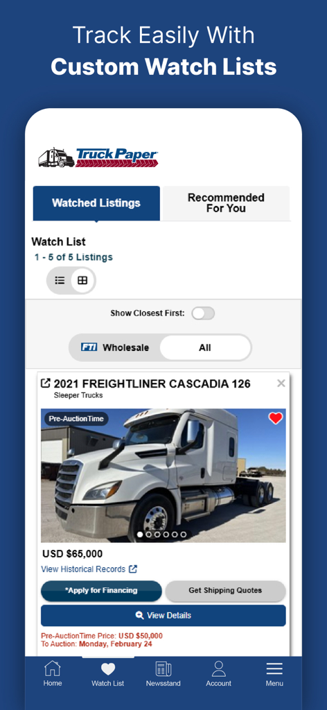 TruckPaper: Trucks For Sale - TruckPaper app screen showing watched listings and a Freightliner sleeper truck for sale