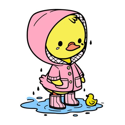 baby duck in a rain coat and boots, in a puddle while it’s raining
