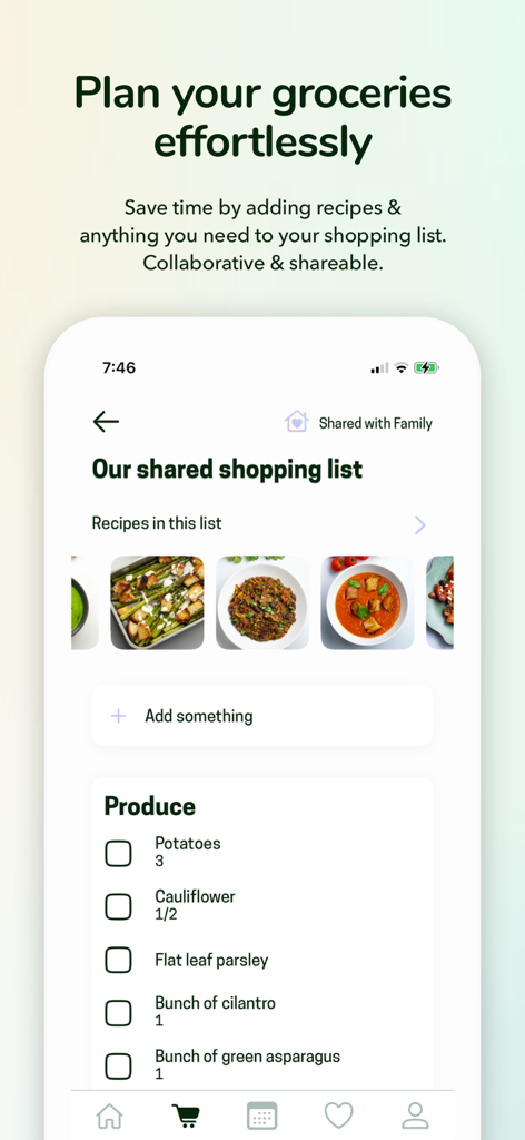 Recipe Keeper & Planner - Kuri - Interface de l'application Kuri affichant une liste de courses partagée pour la planification des repas en famille
