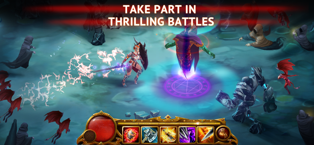 Un personaje héroe participando en una batalla mágica contra varios monstruos en Guild of Heroes