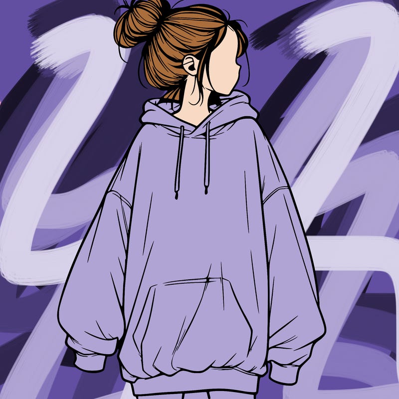 realistic girl with a oversized sweatshirt on and a bun