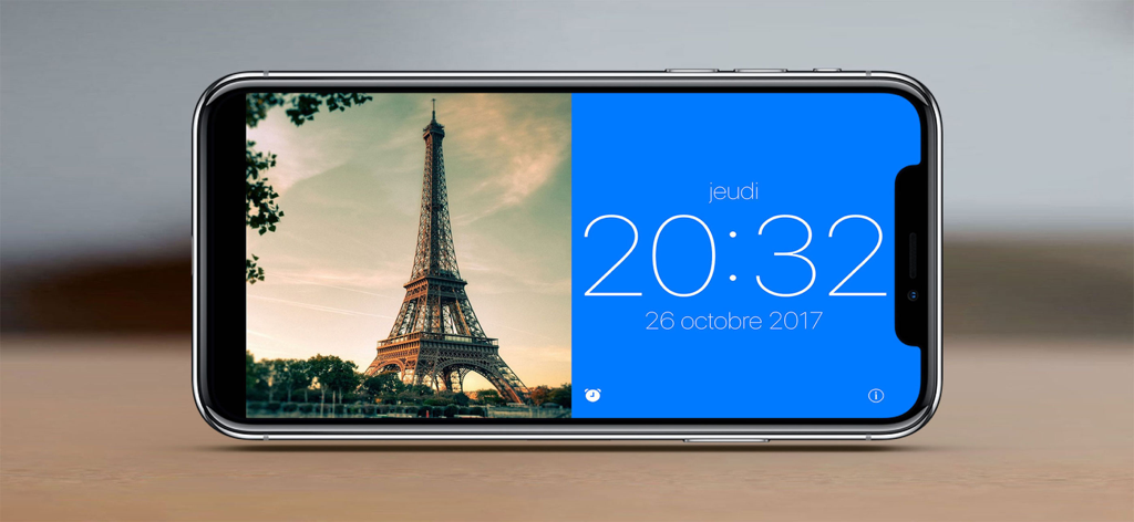 Standby Alarm Clock - Smartphone showing a split screen with the Eiffel Tower and a digital clock