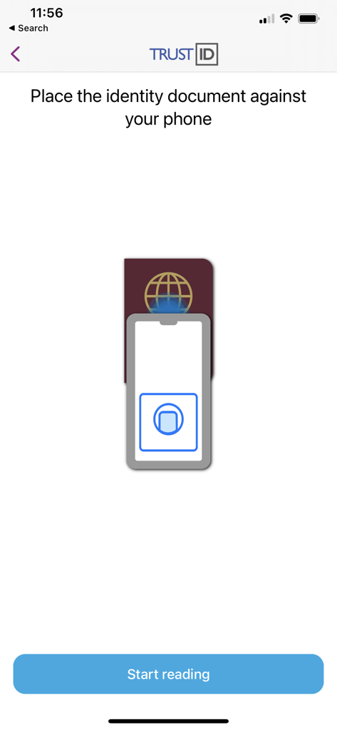TrustID app screen showing how to position a phone on a passport for NFC scanning