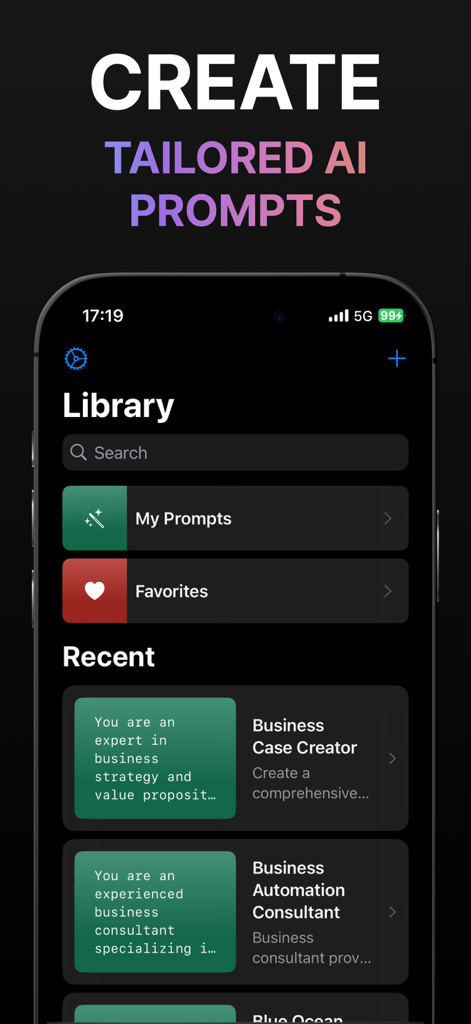 PromptKit: AI Helper - PromptKit app interface showing the library of tailored AI prompts and recent business templates