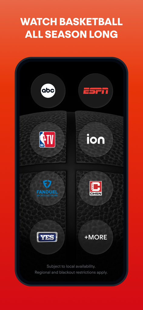 Fuboアプリのインターフェースに、バスケットボールを視聴するための様々なスポーツチャンネルが表示されています。