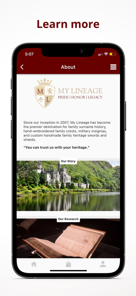 MyLineage - The About Us page of the MyLineage app showing company history and links to research and story sections.