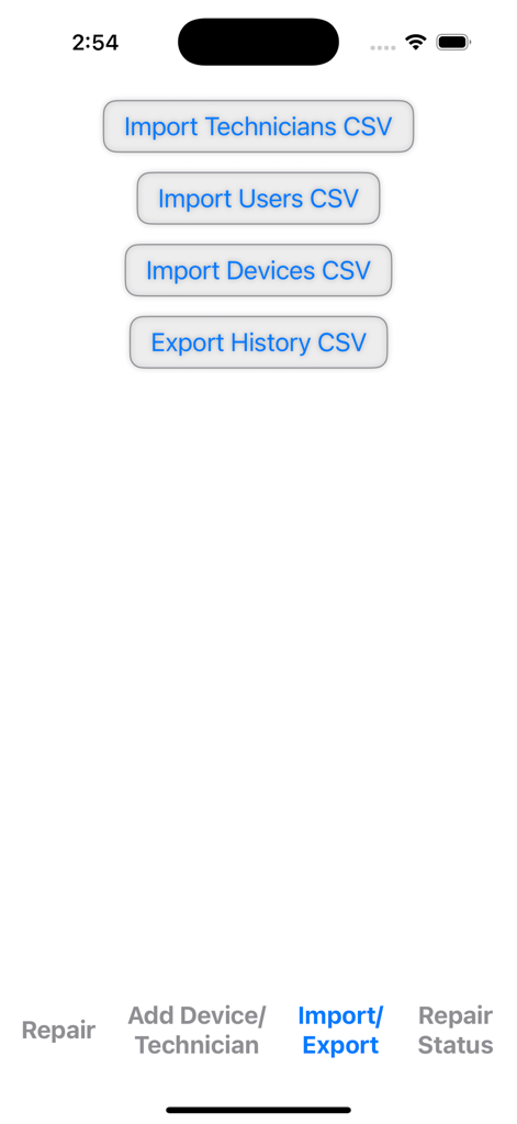 Screenshot of the import and export screen in the Repair Tracking app showing buttons for CSV data management.